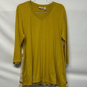 LOGO by Lori Goldstein Mixed Media Tunic V-Neck Tie Dye Back Chartreuse Gold L